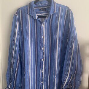 Polo Ralph Lauren Men's Blue Striped  Linen Button Up Current Shirt